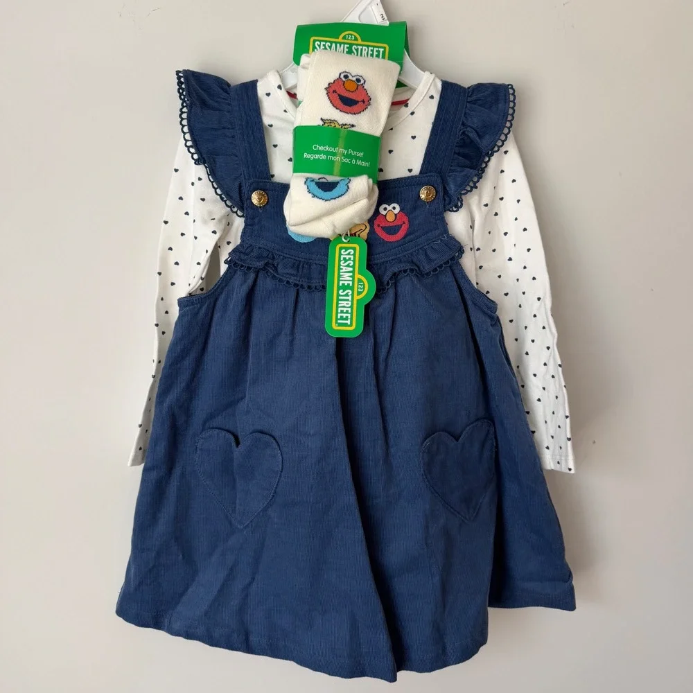 New 2T Sesame Street Friends Toddler Girl Corduroy Dress Outfit Socks Bag Blue